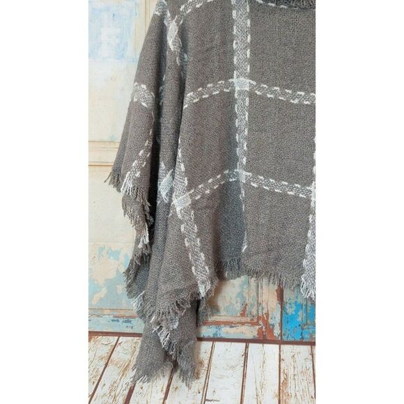 Laundry By Design Womens O/S Grey Combo Poncho Plaid Pure Acrylic Fringe Shawl - Picture 5 of 7